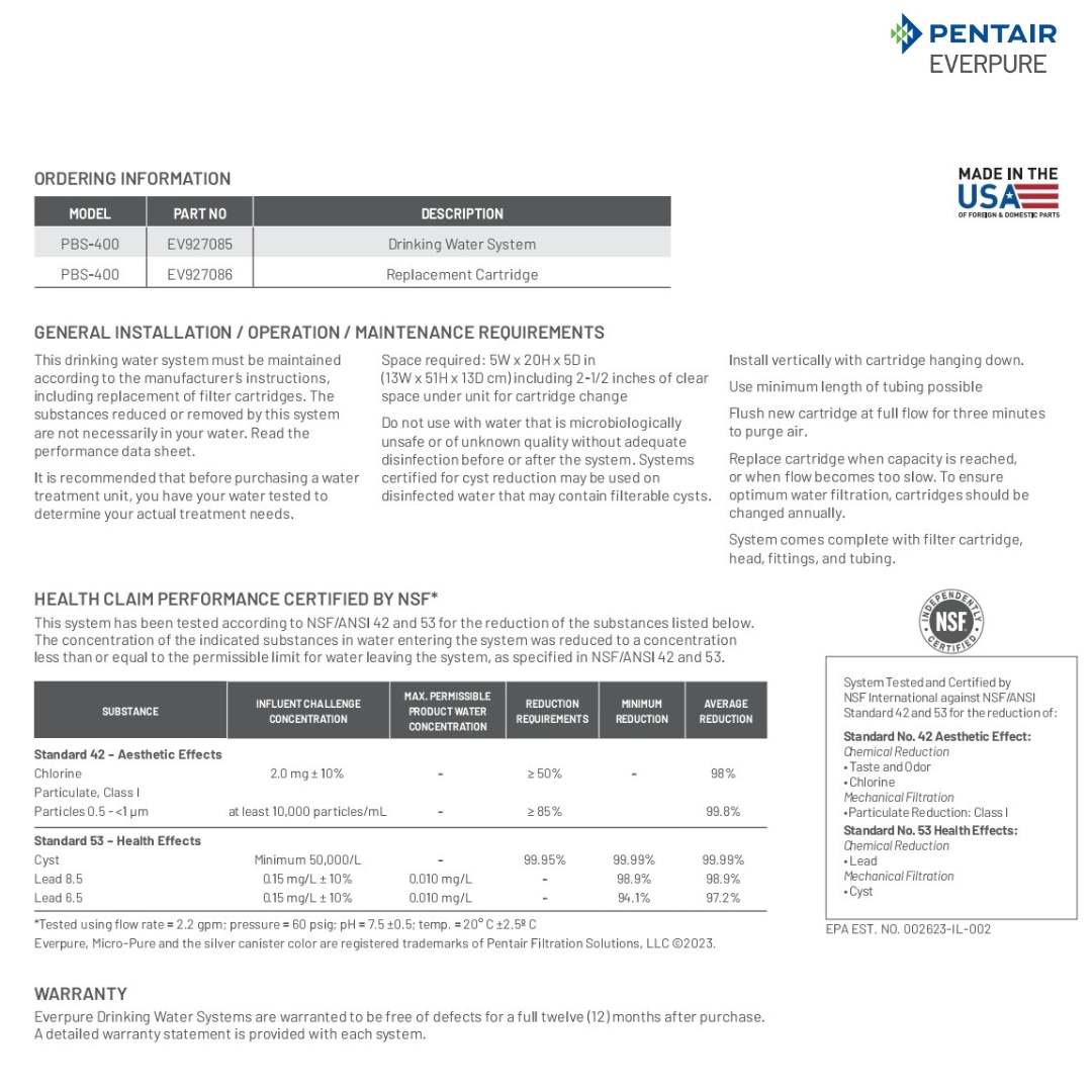 PENTAIR EVERPURE PBS-400  DRINKING WATER FILTRATION SYSTEM
